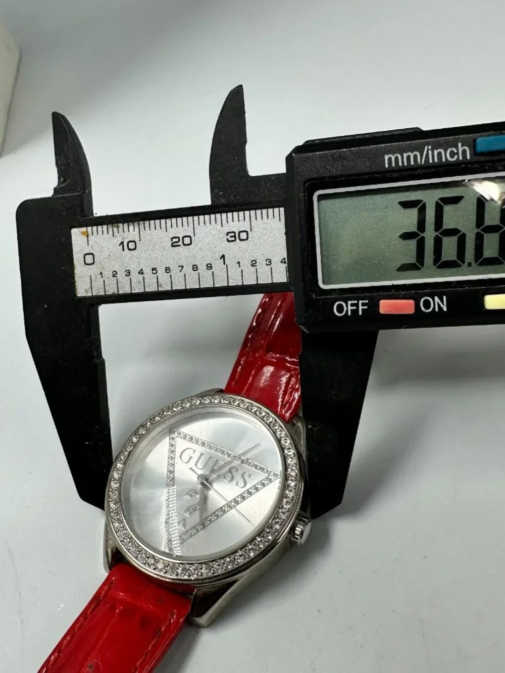 Guess Watch Women Silver Tone Logo Dial 36MM Red Leather Band New Battery